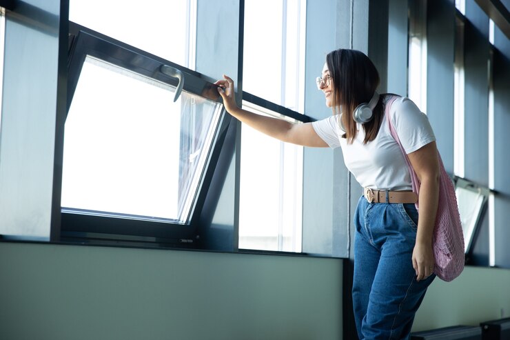 A girl is turning a window.